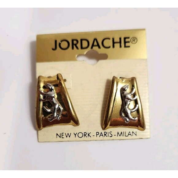 Jordache Jewelry - Vtg NEW Jordache Gold Tone Back With Silver Toned Tiger Pierced Earrings